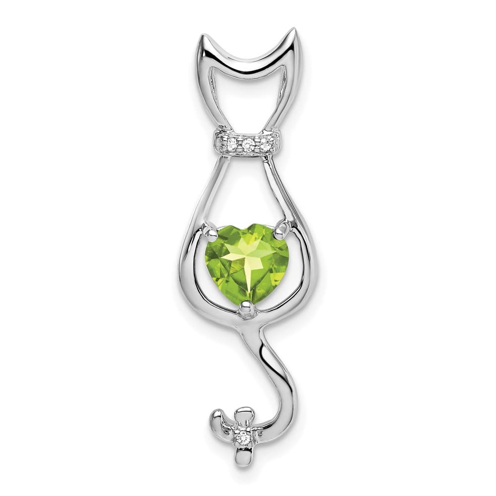 10K White Gold Solid Large Heart Peridot and Diamond Cat Pendant