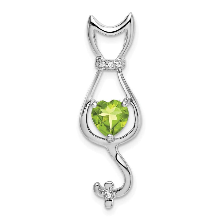 10K White Gold Solid Large Heart Peridot and Diamond Cat Pendant