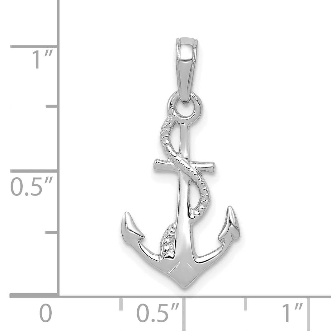 10K White Gold Solid Polished 3-D Anchor with Rope Pendant