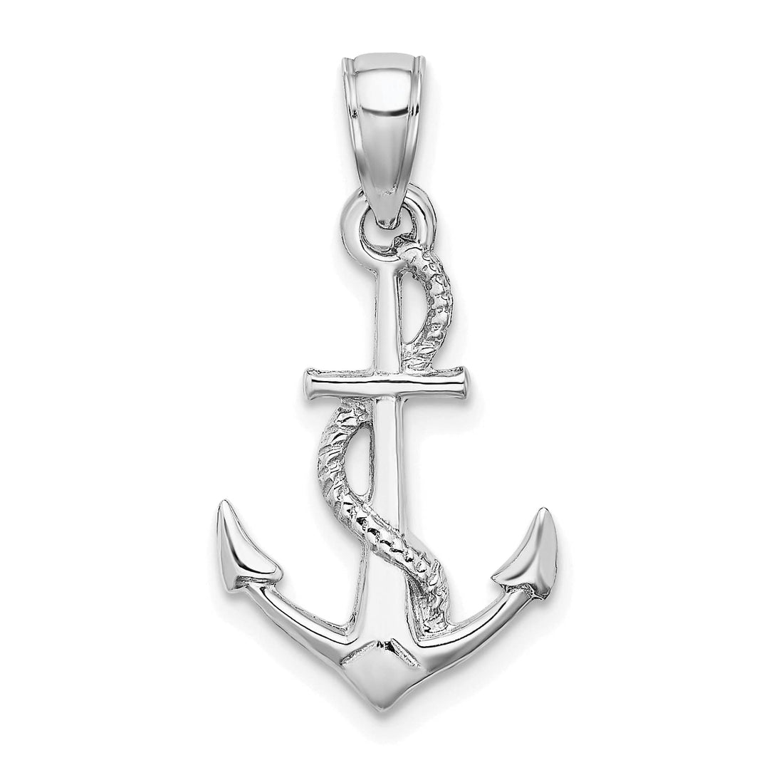 10K White Gold Solid Polished 3-D Anchor with Rope Pendant