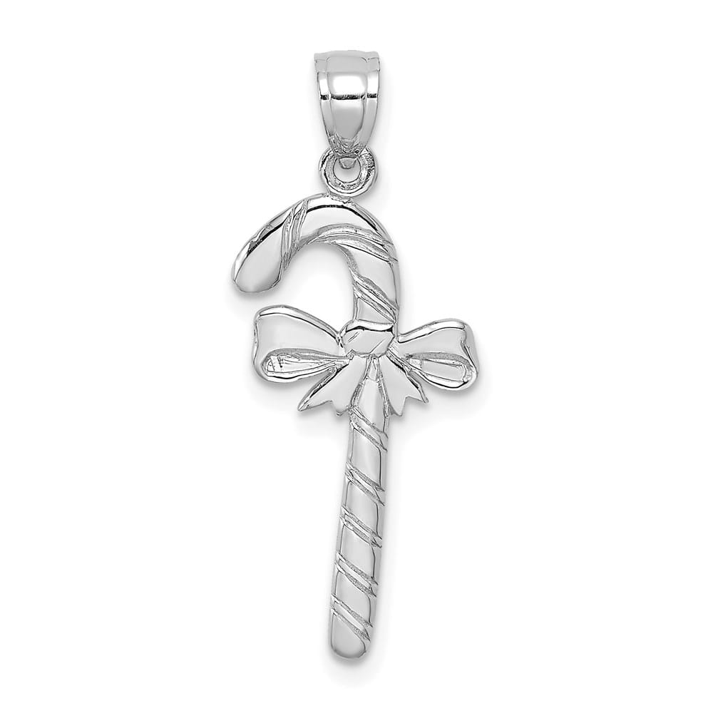 10K White Gold Solid Polished Large Candy Cane with Bow Pendant