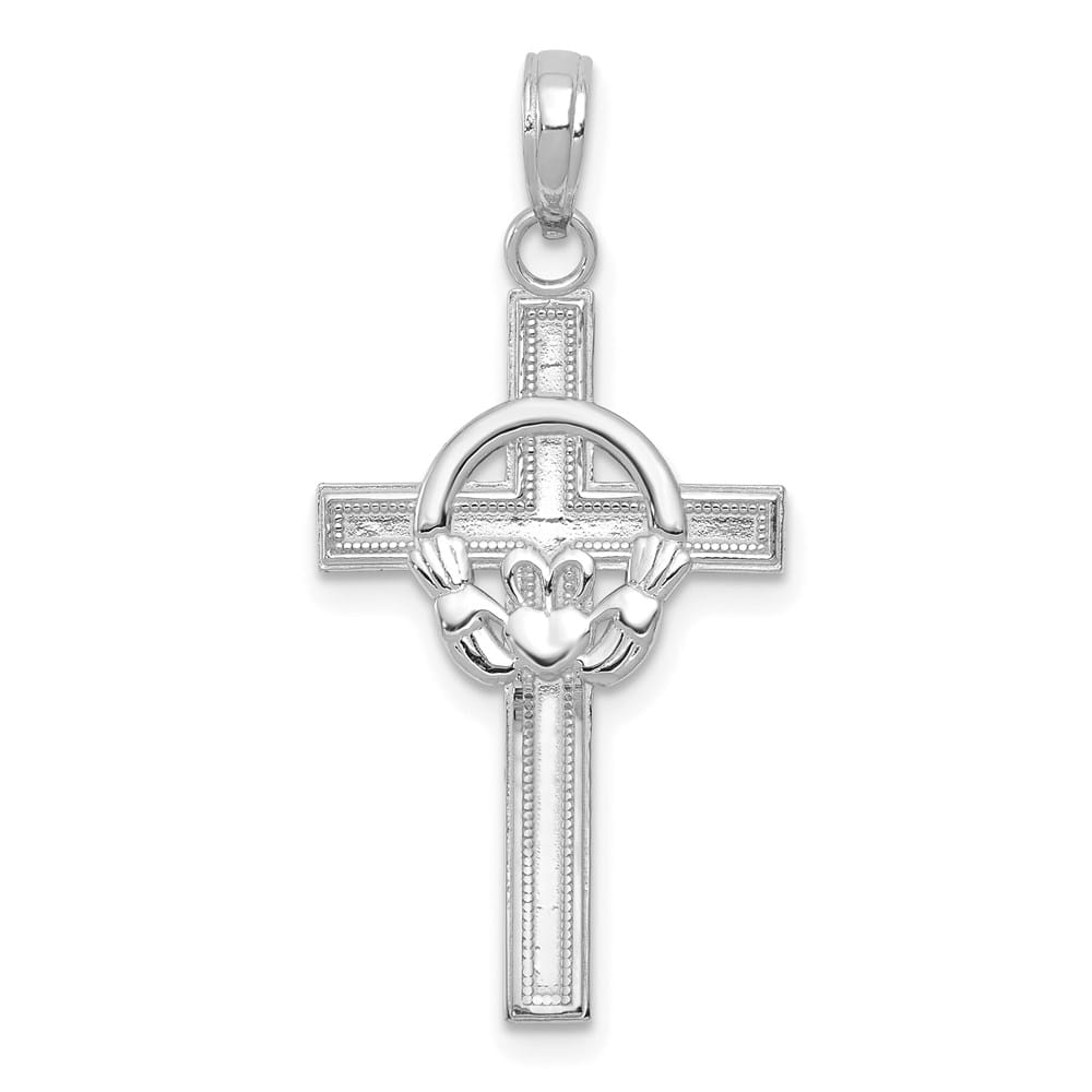 10K White Gold Solid Polished Large Claddagh Cross Pendant