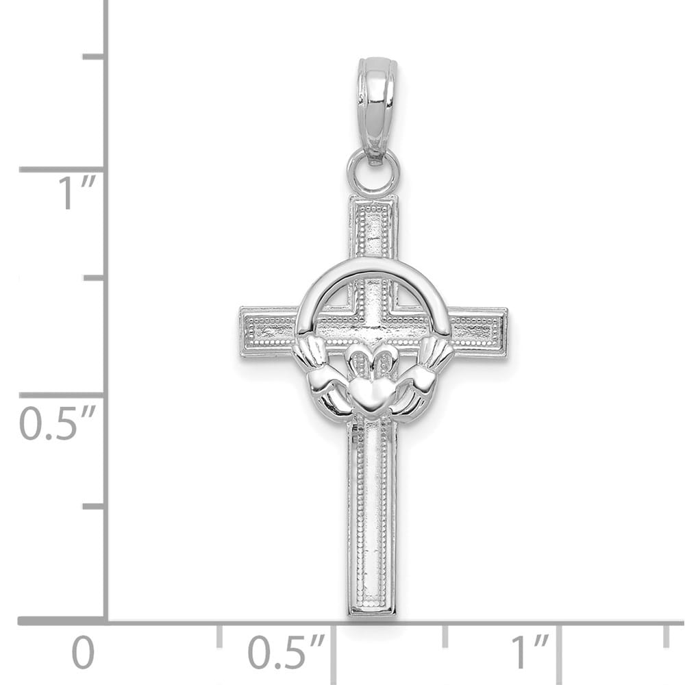 10K White Gold Solid Polished Large Claddagh Cross Pendant
