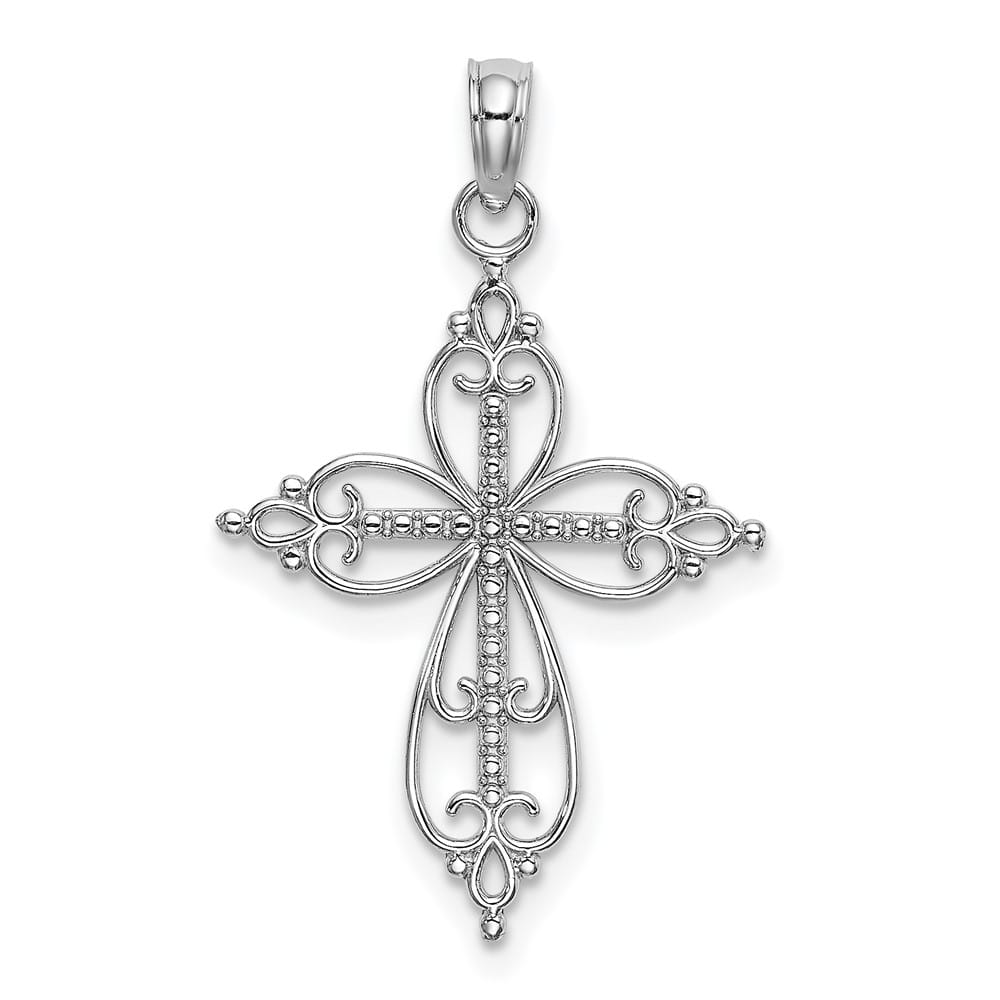 10K White Gold Solid Polished Medium Beaded Passion Cross Charm