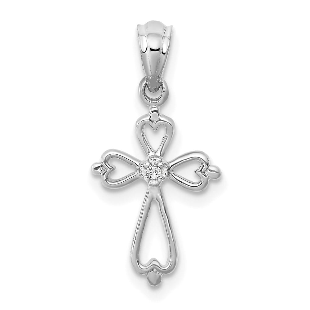 10K White Gold Solid Polished Medium Diamond Accented Cross Pendant