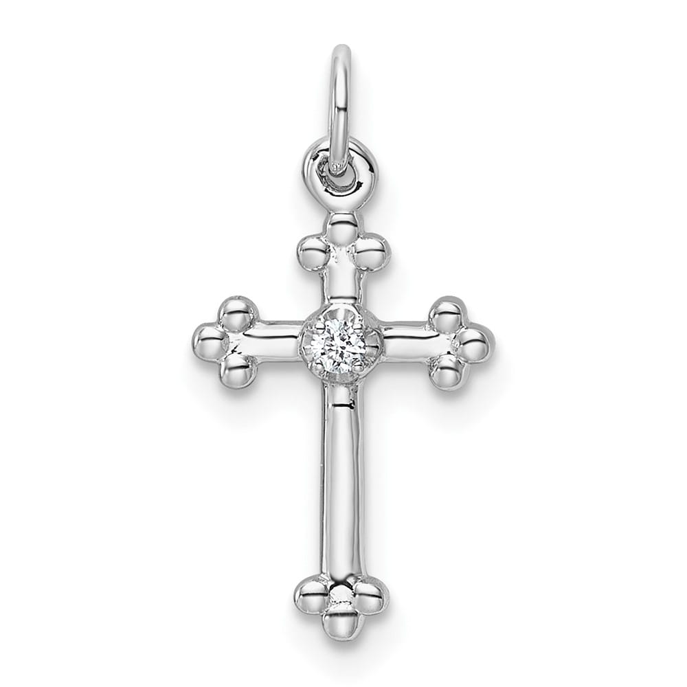10K White Gold Solid Polished Medium Diamond Budded Cross Pendant