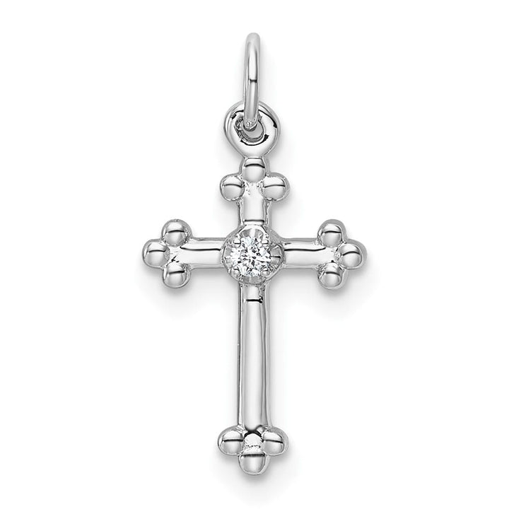 10K White Gold Solid Polished Medium Diamond Budded Cross Pendant