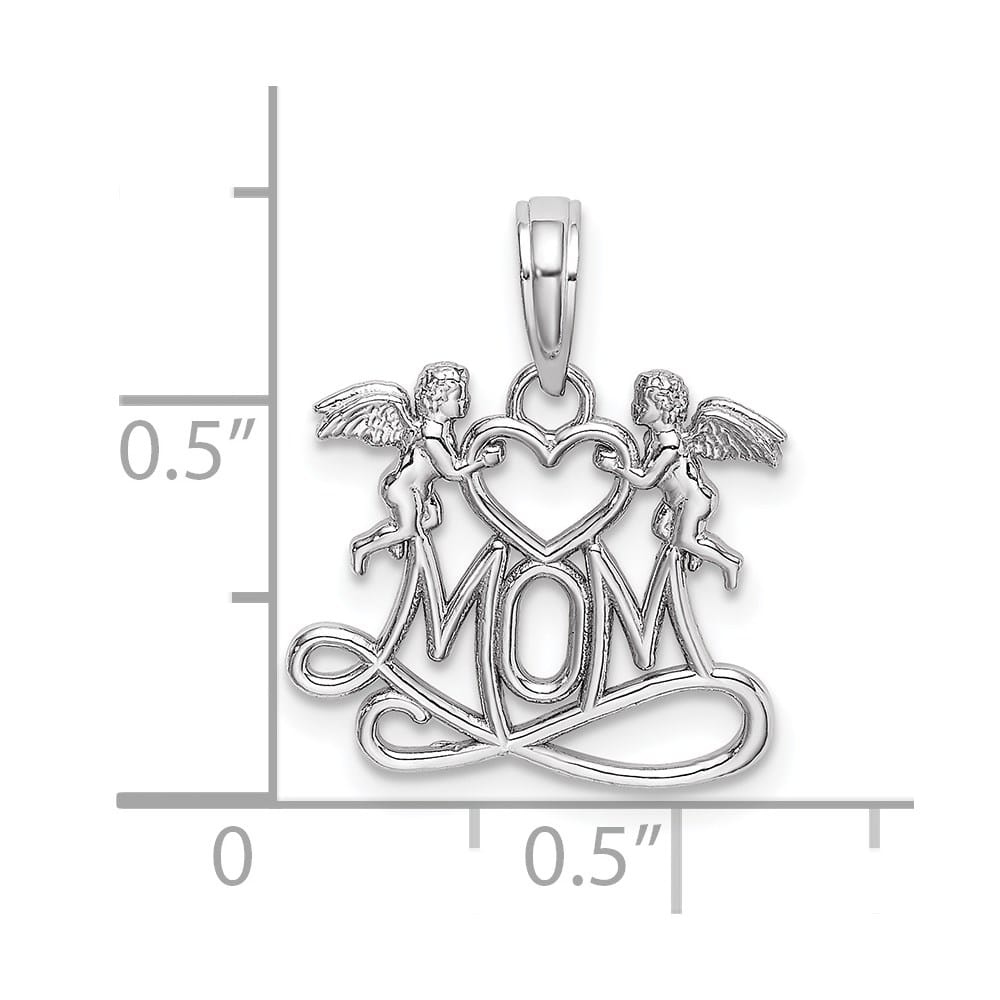 10K White Gold Solid Polished Medium MOM with Heart and Angels Pendant