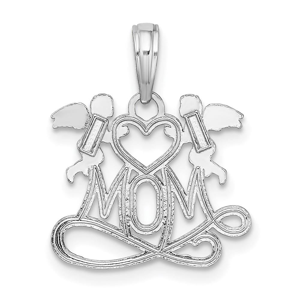 10K White Gold Solid Polished Medium MOM with Heart and Angels Pendant
