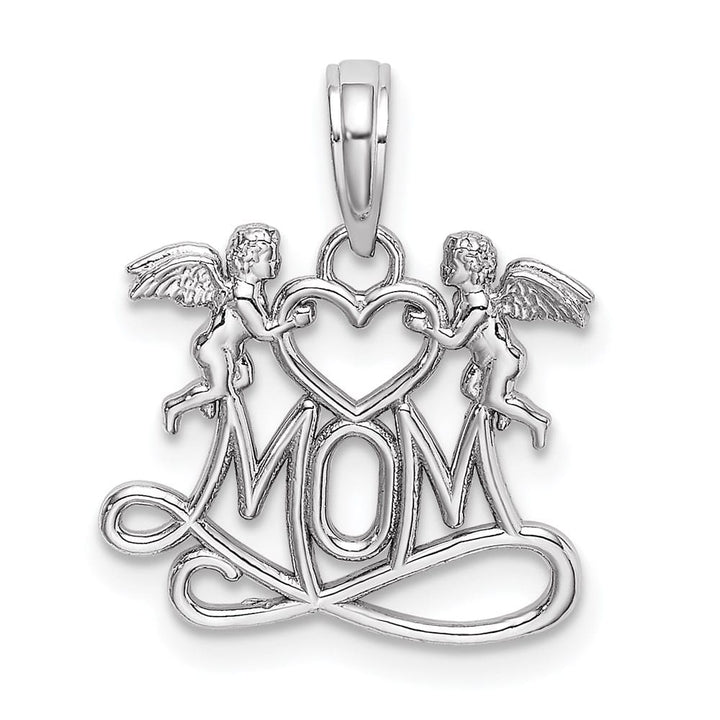 10K White Gold Solid Polished Medium MOM with Heart and Angels Pendant