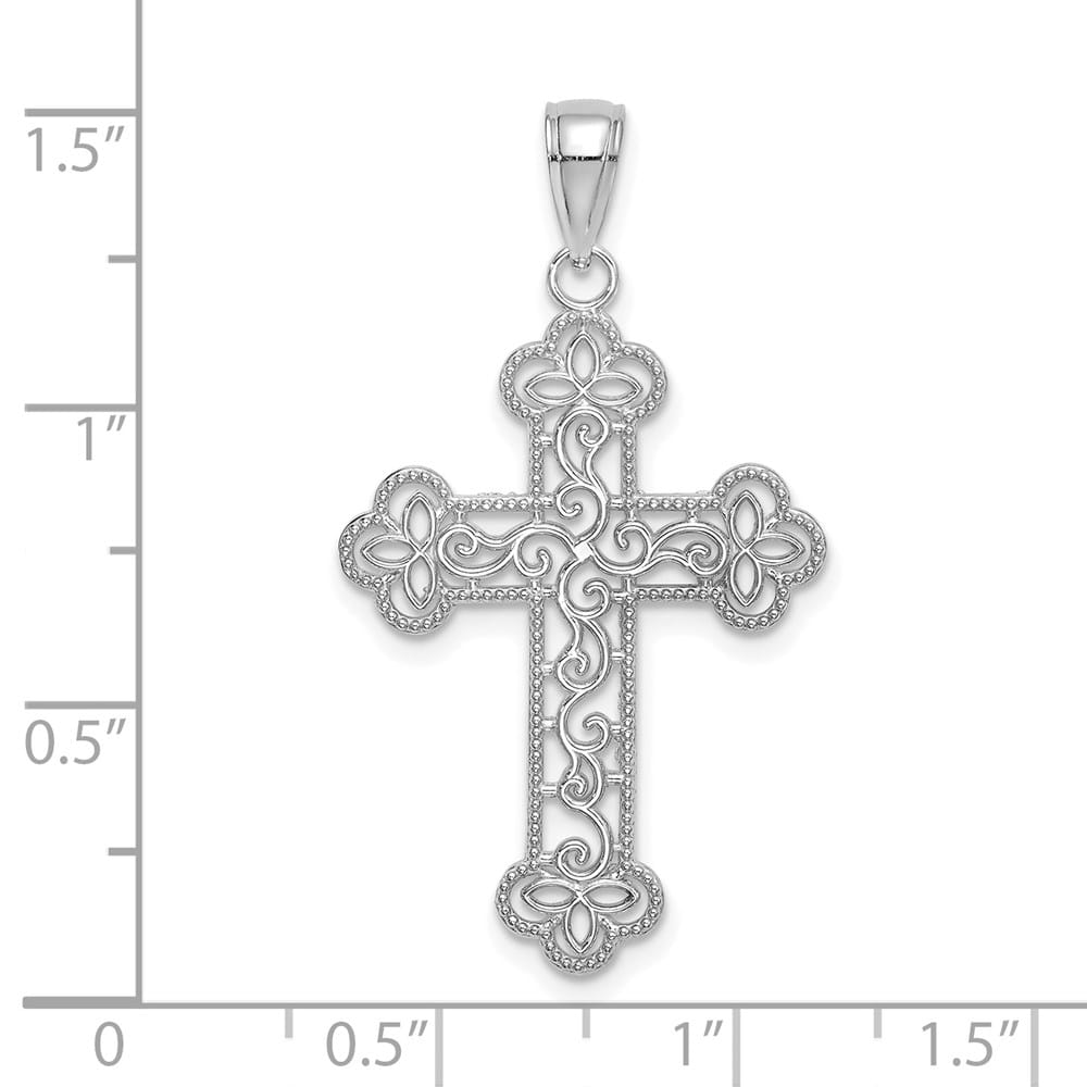 10K White Gold Solid Polished Textured Large Beaded Edge Cross Charm