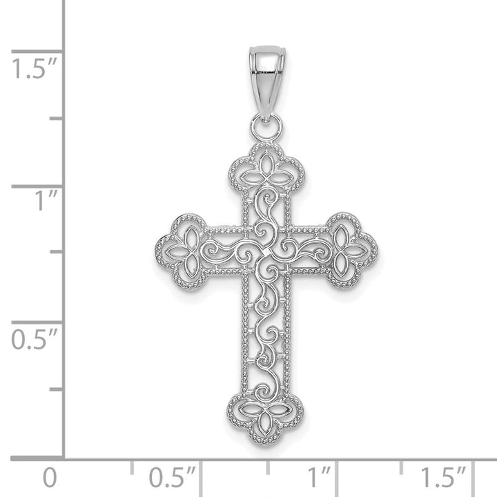 10K White Gold Solid Polished Textured Large Beaded Edge Cross Charm