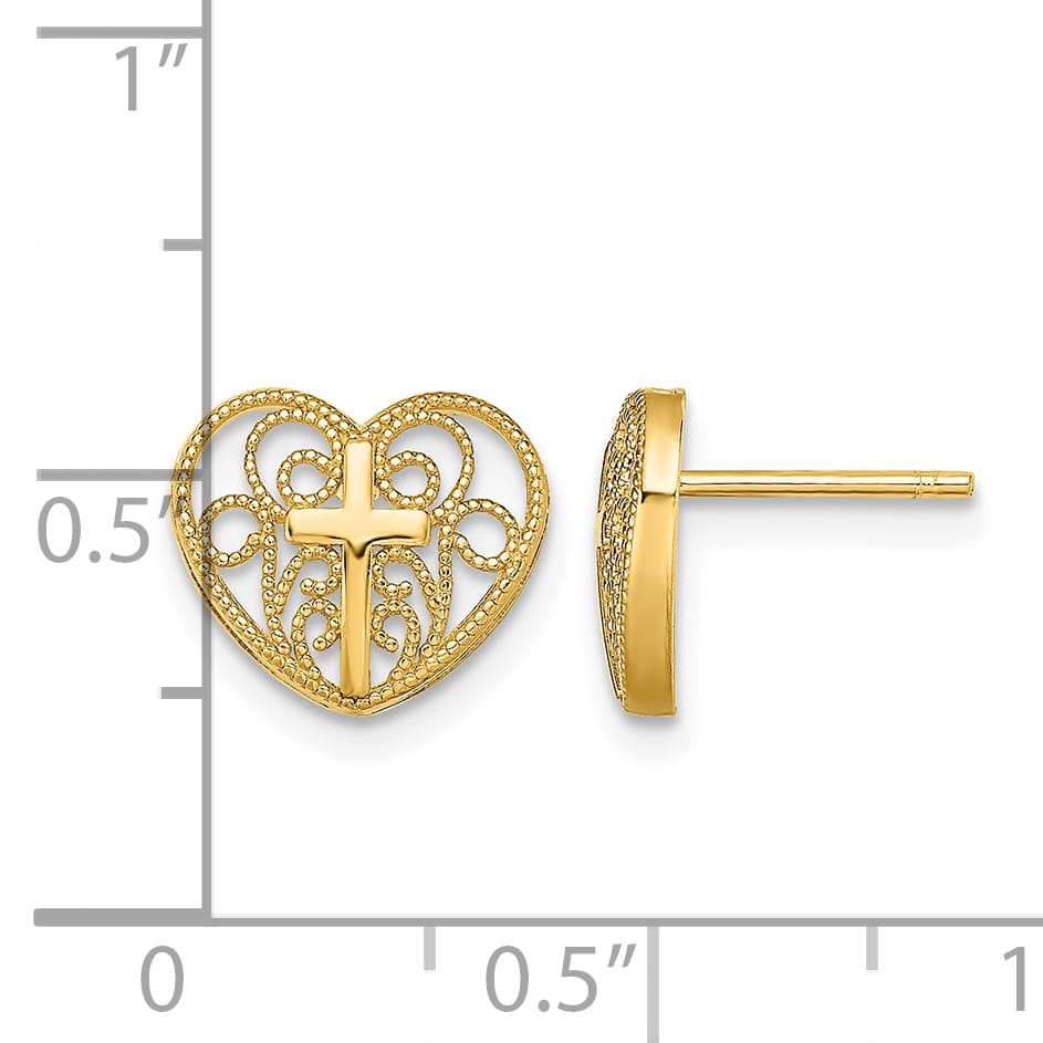 10k Yellow Gold 10mm Filigree Heart with Cross Post Earrings