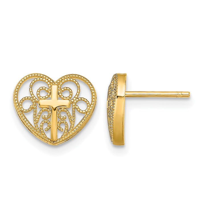 10k Yellow Gold 10mm Filigree Heart with Cross Post Earrings