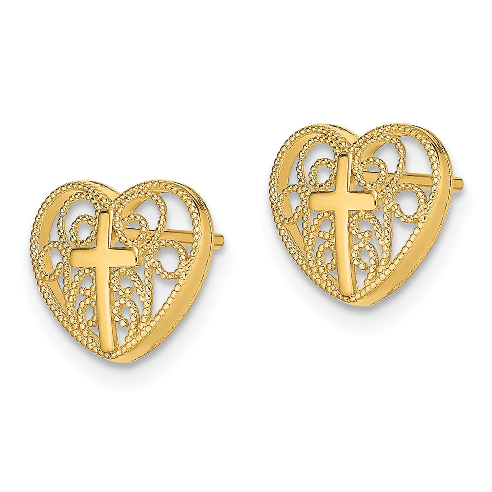 10k Yellow Gold 10mm Filigree Heart with Cross Post Earrings
