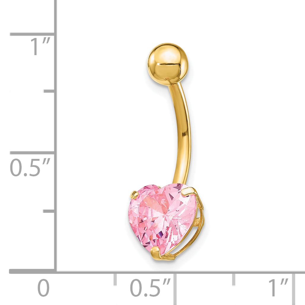 10k Yellow Gold 14 Gauge 8mm Pink CZ Heart Belly Dangle