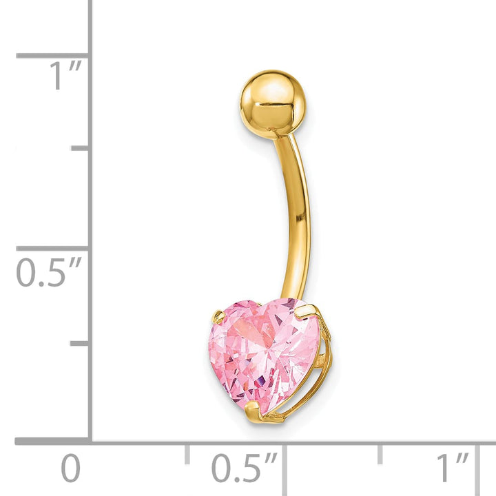 10k Yellow Gold 14 Gauge 8mm Pink CZ Heart Belly Dangle