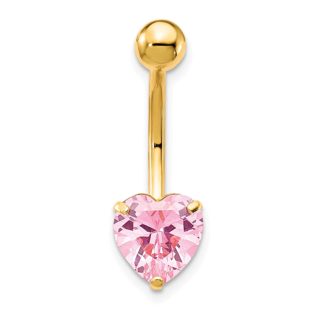 10k Yellow Gold 14 Gauge 8mm Pink CZ Heart Belly Dangle