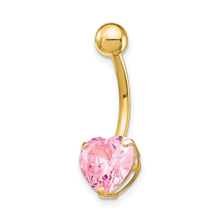 10k Yellow Gold 14 Gauge 8mm Pink CZ Heart Belly Dangle