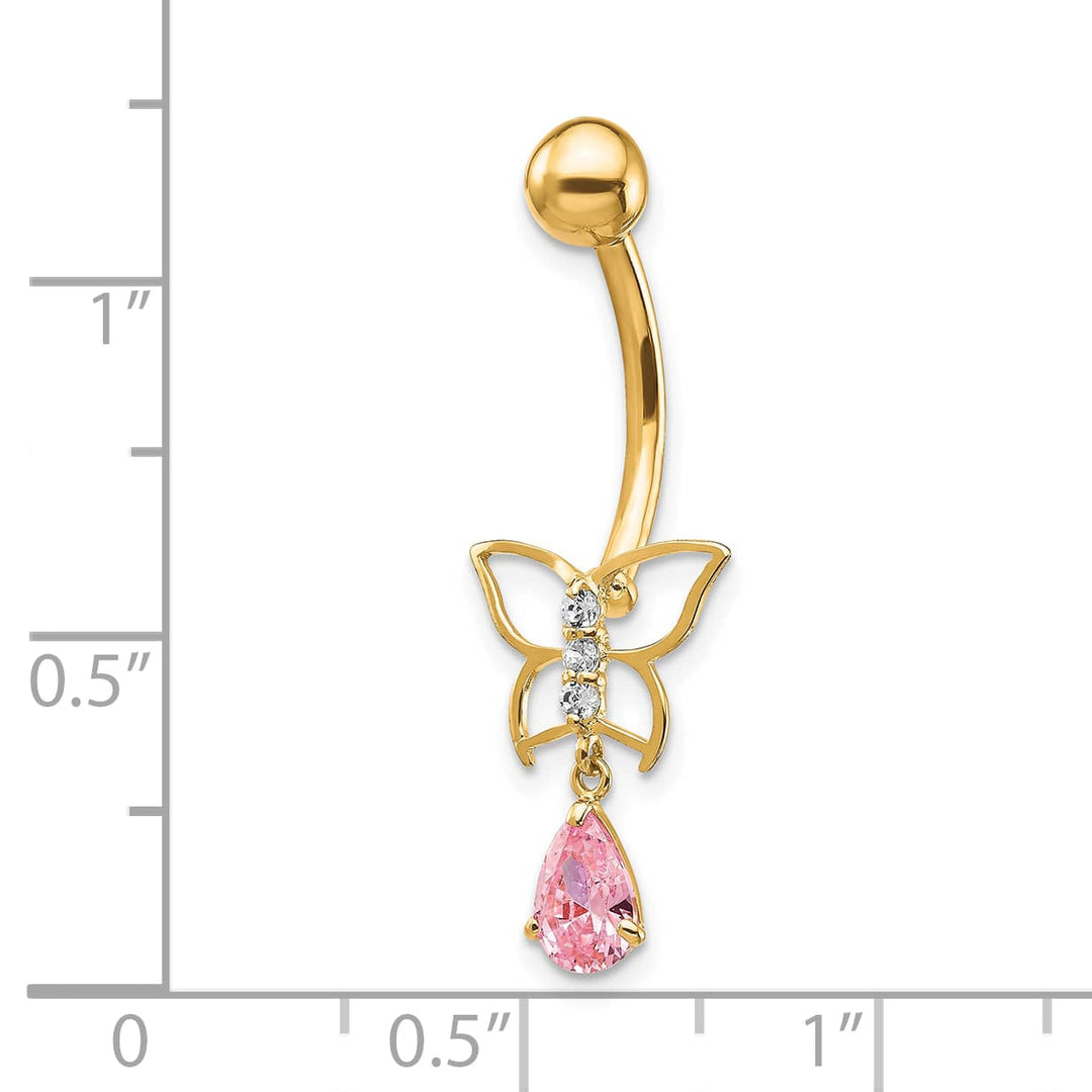 10k Yellow Gold 14 Gauge Dangle Butterfly with Pink CZ Belly Dangle