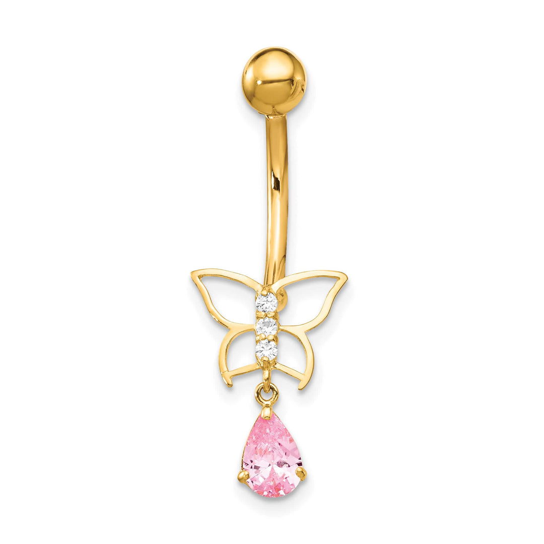 10k Yellow Gold 14 Gauge Dangle Butterfly with Pink CZ Belly Dangle