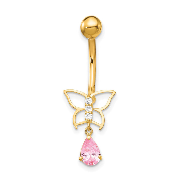 10k Yellow Gold 14 Gauge Dangle Butterfly with Pink CZ Belly Dangle