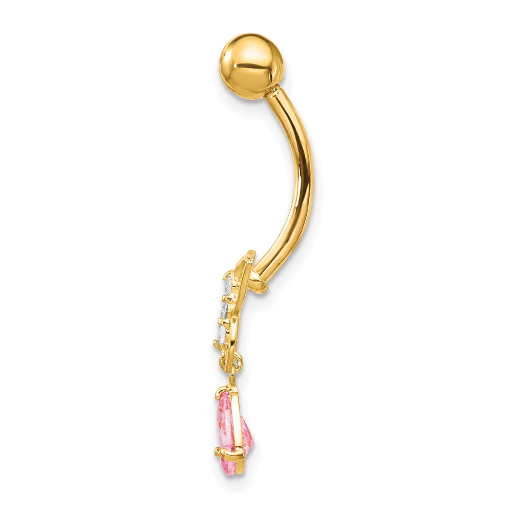 10k Yellow Gold 14 Gauge Dangle Butterfly with Pink CZ Belly Dangle