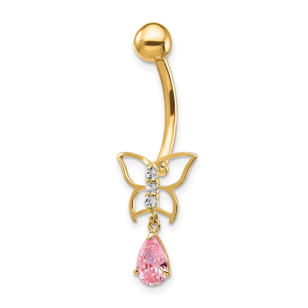 10k Yellow Gold 14 Gauge Dangle Butterfly with Pink CZ Belly Dangle