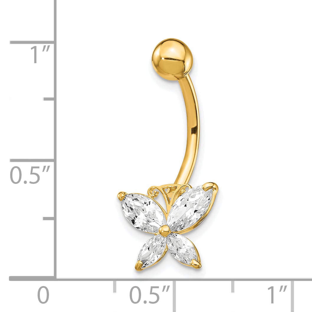 10k Yellow Gold 14 Gauge Large CZ Butterfly Belly Dangle