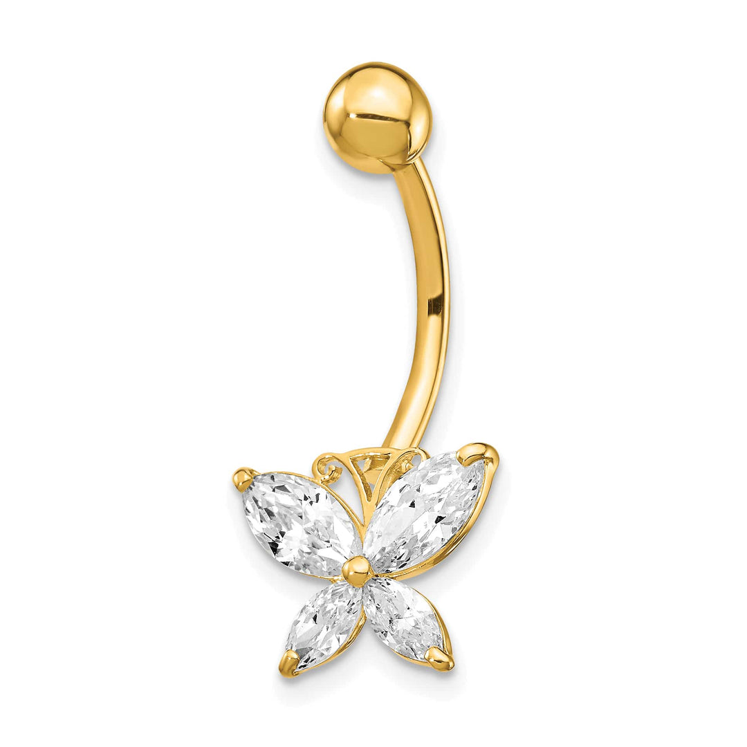 10k Yellow Gold 14 Gauge Large CZ Butterfly Belly Dangle