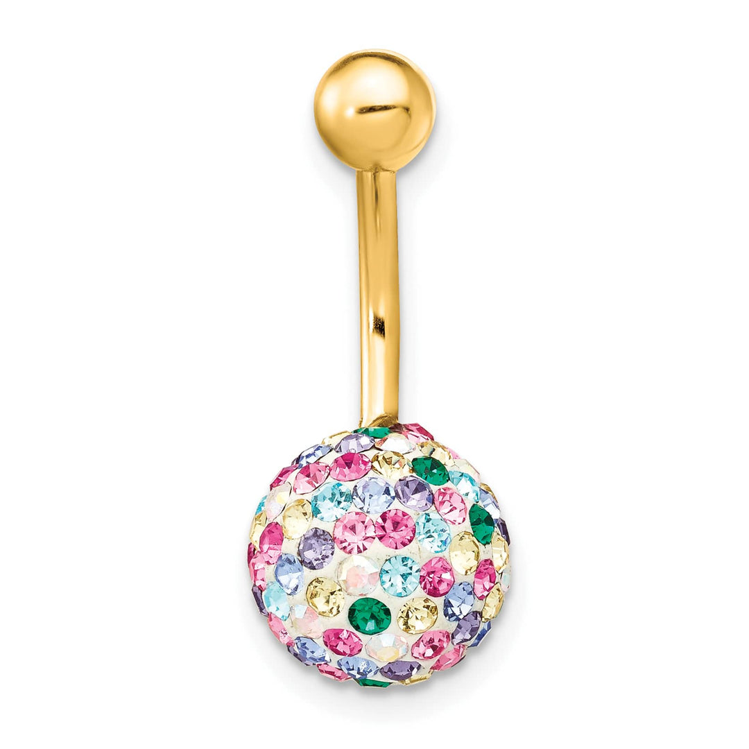 10k Yellow Gold 14 Gauge with 10mm Multi-Color Crystal Ball Belly Dangle