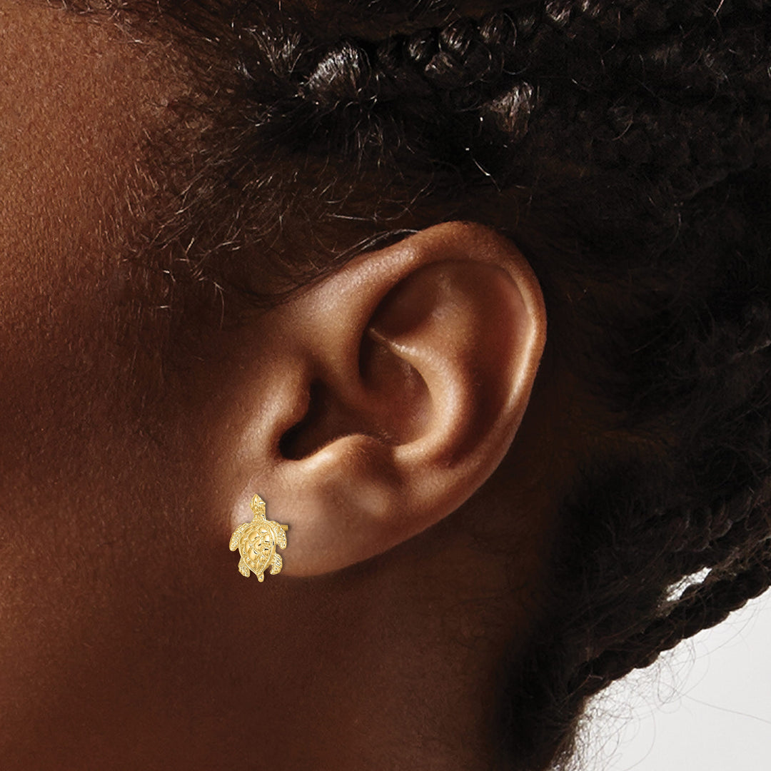10k Yellow Gold 2-D Textured Sea Turtle Post Earrings