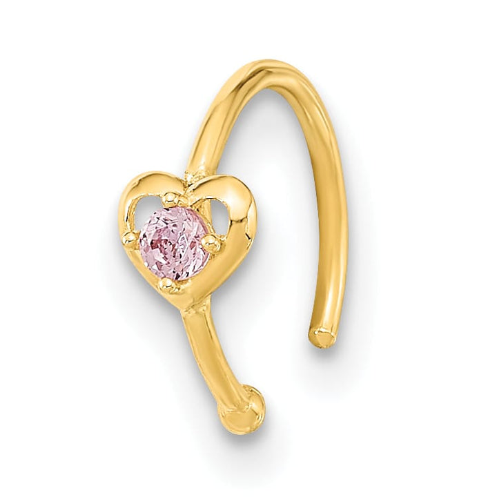 10k Yellow Gold 20 Gauge Hoop with Heart CZ Nose Ring