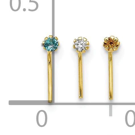 10k Yellow Gold 20 Gauge Set of Three 1.5mm Blue/Clear/Yellow CZ Nose Studs