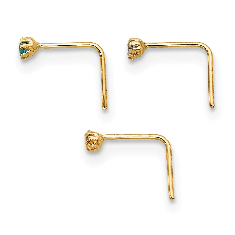 10k Yellow Gold 20 Gauge Set of Three 1.5mm Blue/Clear/Yellow CZ Nose Studs