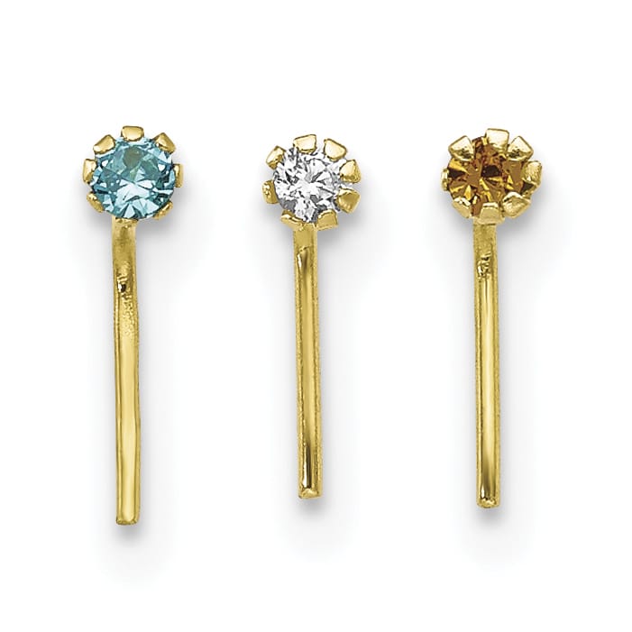 10k Yellow Gold 20 Gauge Set of Three 1.5mm Blue/Clear/Yellow CZ Nose Studs