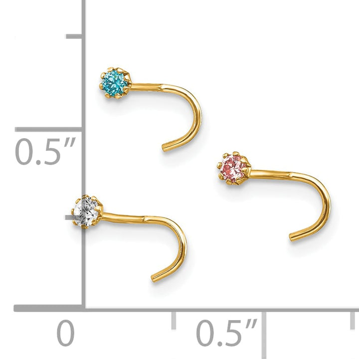 10k Yellow Gold 20 Gauge Set of Three 2.00mm Blue/Clear/Pink CZ Nose Studs