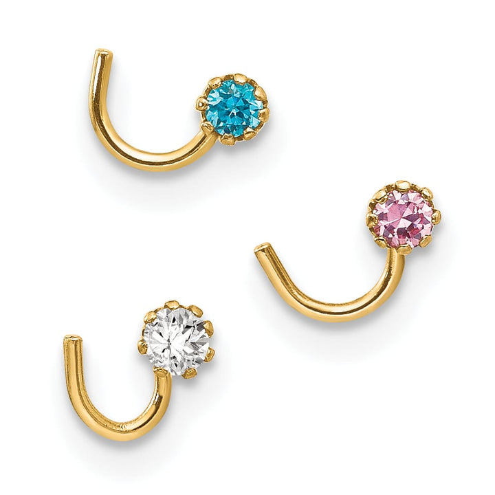 10k Yellow Gold 20 Gauge Set of Three 2.00mm Blue/Clear/Pink CZ Nose Studs