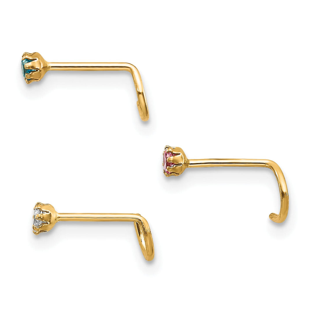 10k Yellow Gold 20 Gauge Set of Three 2.00mm Blue/Clear/Pink CZ Nose Studs