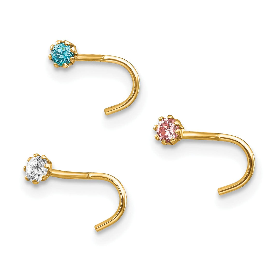 10k Yellow Gold 20 Gauge Set of Three 2.00mm Blue/Clear/Pink CZ Nose Studs