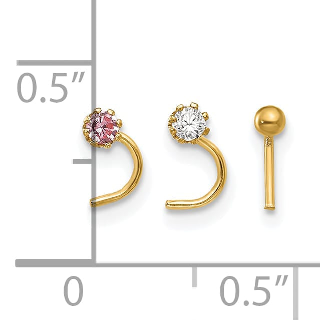 10k Yellow Gold 20 Gauge Set of Three 2.00mm Pink/White CZ and Gold Ball Nose Studs