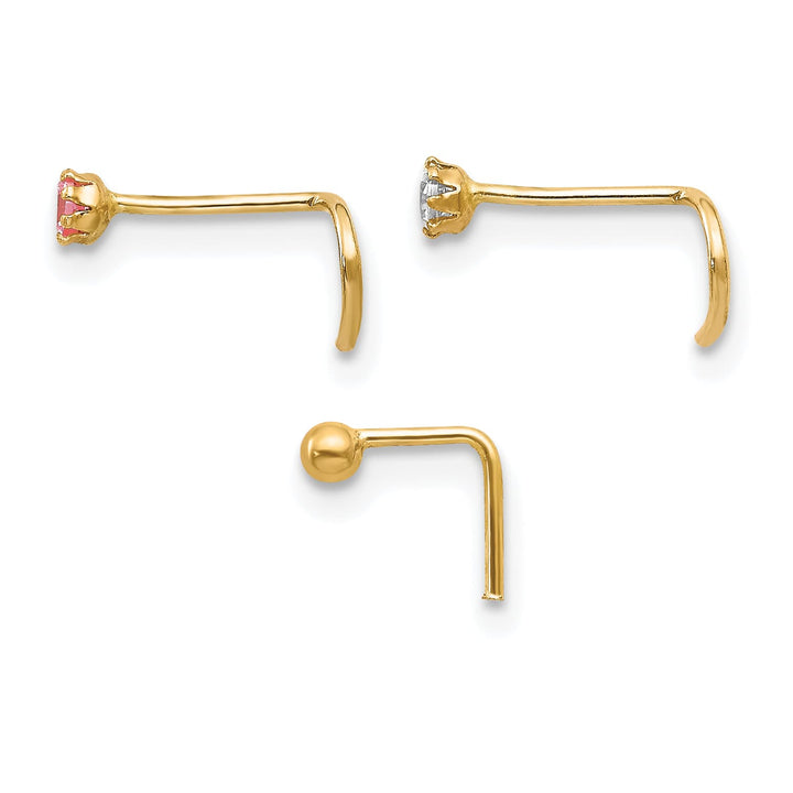 10k Yellow Gold 20 Gauge Set of Three 2.00mm Pink/White CZ and Gold Ball Nose Studs
