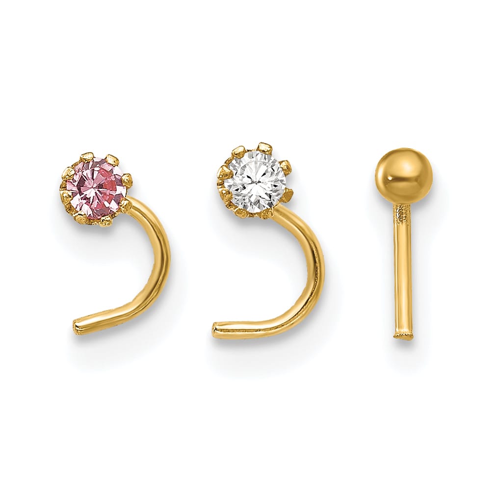 10k Yellow Gold 20 Gauge Set of Three 2.00mm Pink/White CZ and Gold Ball Nose Studs