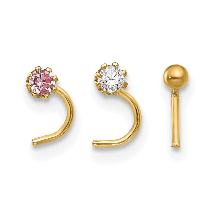10k Yellow Gold 20 Gauge Set of Three 2.00mm Pink/White CZ and Gold Ball Nose Studs