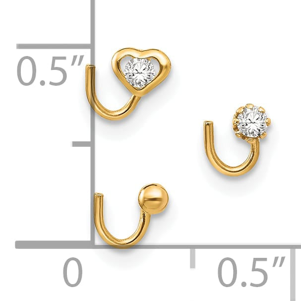 10k Yellow Gold 20 Gauge Set of Three Heart/Round CZ and Gold Ball Nose Studs