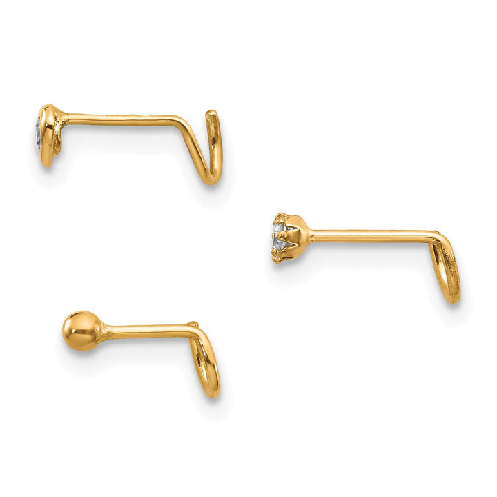 10k Yellow Gold 20 Gauge Set of Three Heart/Round CZ and Gold Ball Nose Studs