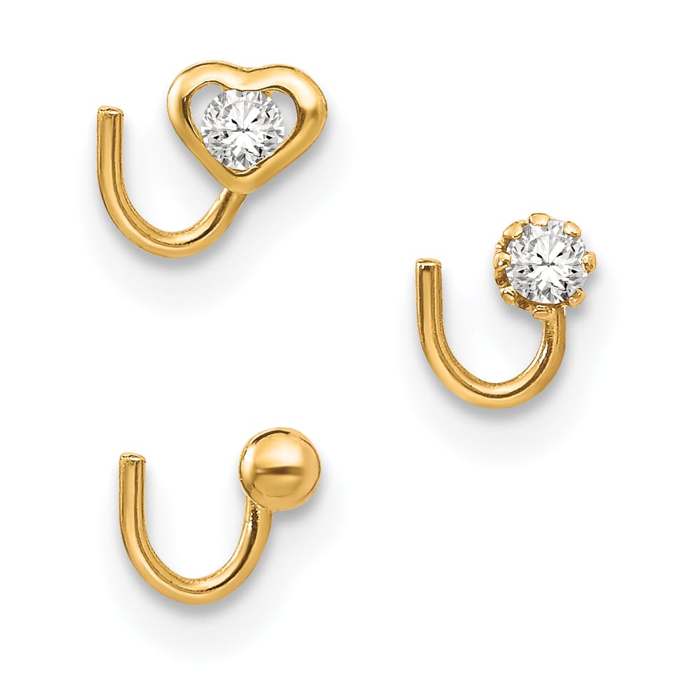 10k Yellow Gold 20 Gauge Set of Three Heart/Round CZ and Gold Ball Nose Studs
