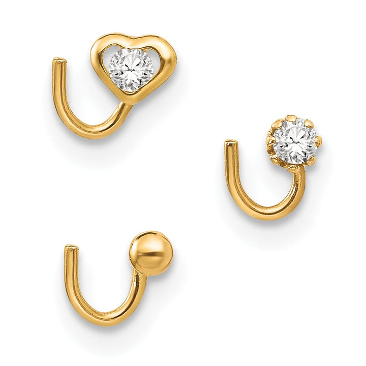 10k Yellow Gold 20 Gauge Set of Three Heart/Round CZ and Gold Ball Nose Studs