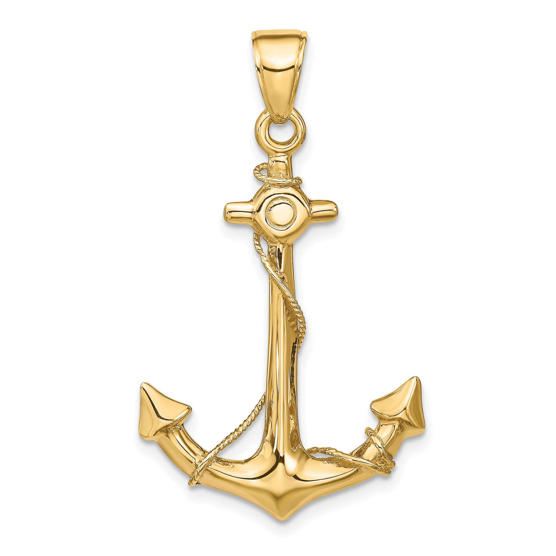 10K Yellow Gold 3-D Anchor with Rope Pendant, Large
