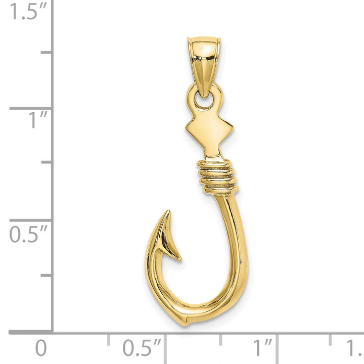 10K Yellow Gold 3-D Large Fish Hook with Rope Charm